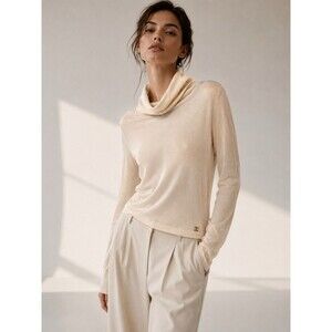 Authentic Chanel Luxury Ivory Cashmere Silk Blend Cowl Neck Knit Sweater EU 40